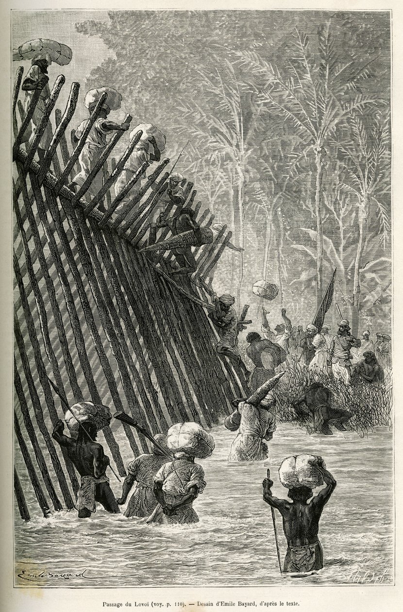 El paso del río Lovoi (o río del diablo) (región de Katanga, Congo) por la expedición, dibujo de Emile Bayard, para ilustrar el viaje a través de África, desde Zanzíbar (Tanzania) hasta Benguela (Angola), de 1873 a 1876, por el comandante británico V.L. Ca de Emile Antoine Bayard