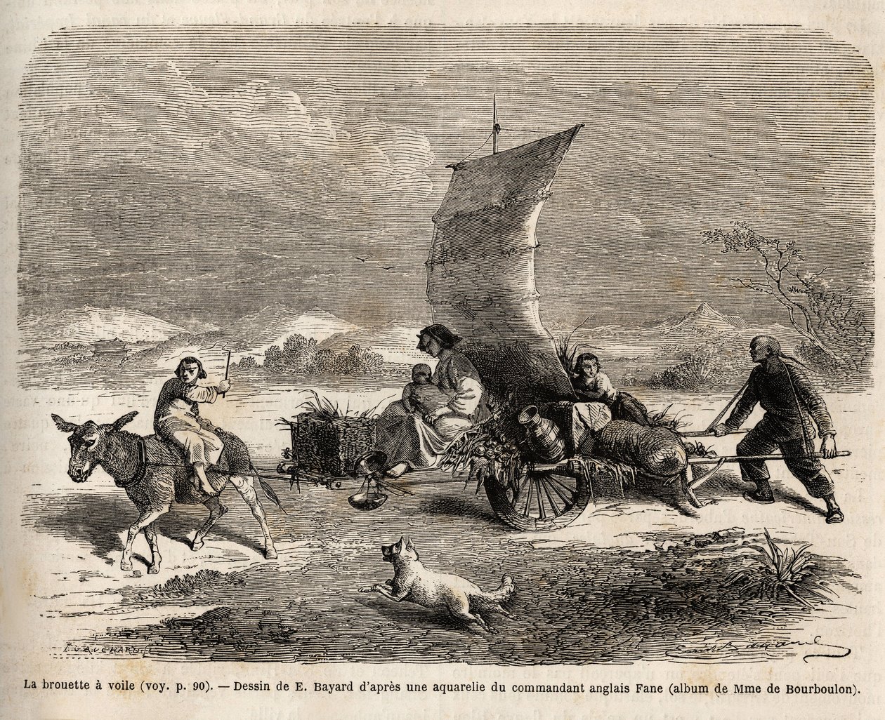 La carretilla de vela, sistema de locomoción utilizado en el norte de China, dibujo de E. Bayard, ilustrando el viaje de Shanghái a Moscú de Emile Antoine Bayard