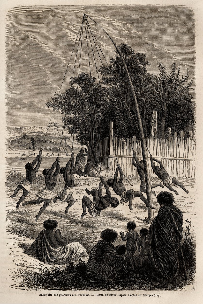 El columpio de los guerreros neozelandeses en el Istmo de Auckland, dibujo de Emile Bayard (1837-1891), para ilustrar el viaje de Ferdinand de Hochstetter a Nueva Zelanda de 1858 a 1860. Grabado en Le tour du monde, editado por Edouard Charton de Emile Antoine Bayard