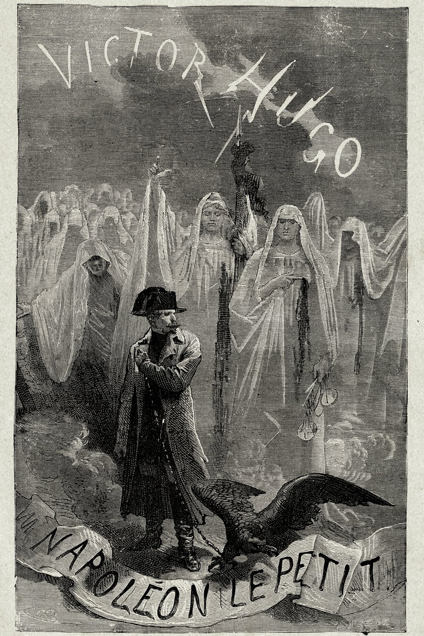 Página de título del libro de Victor Hugo “Napoleón el Pequeño” (Napoleón 3 sosteniendo una cadena de águila). Grabado por Emile Bayard de Emile Antoine Bayard