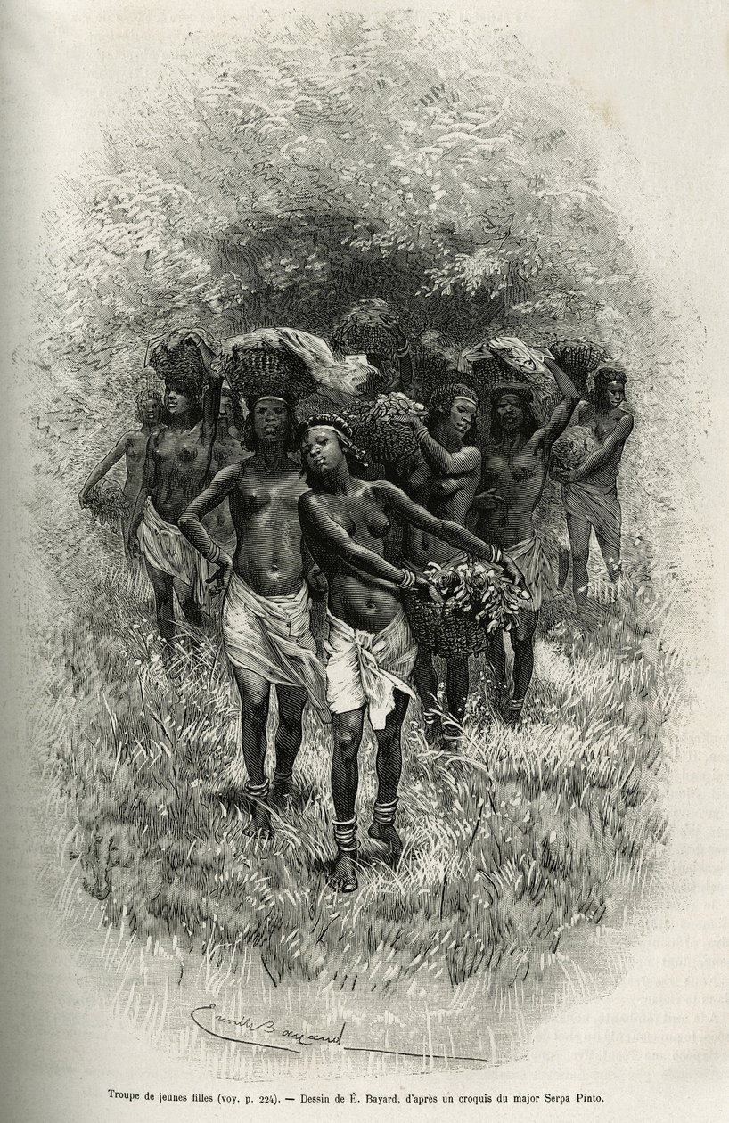Grupo de niñas llevando cestas llenas de comida para el suministro de S.Pinto y sus hombres. Grabado por Emile Bayard, para ilustrar la historia de cómo atravesé África, del Océano Atlántico al Océano Índico, por el Mayor Serpa Pinto, en 1877-1878, pub de Emile Antoine Bayard