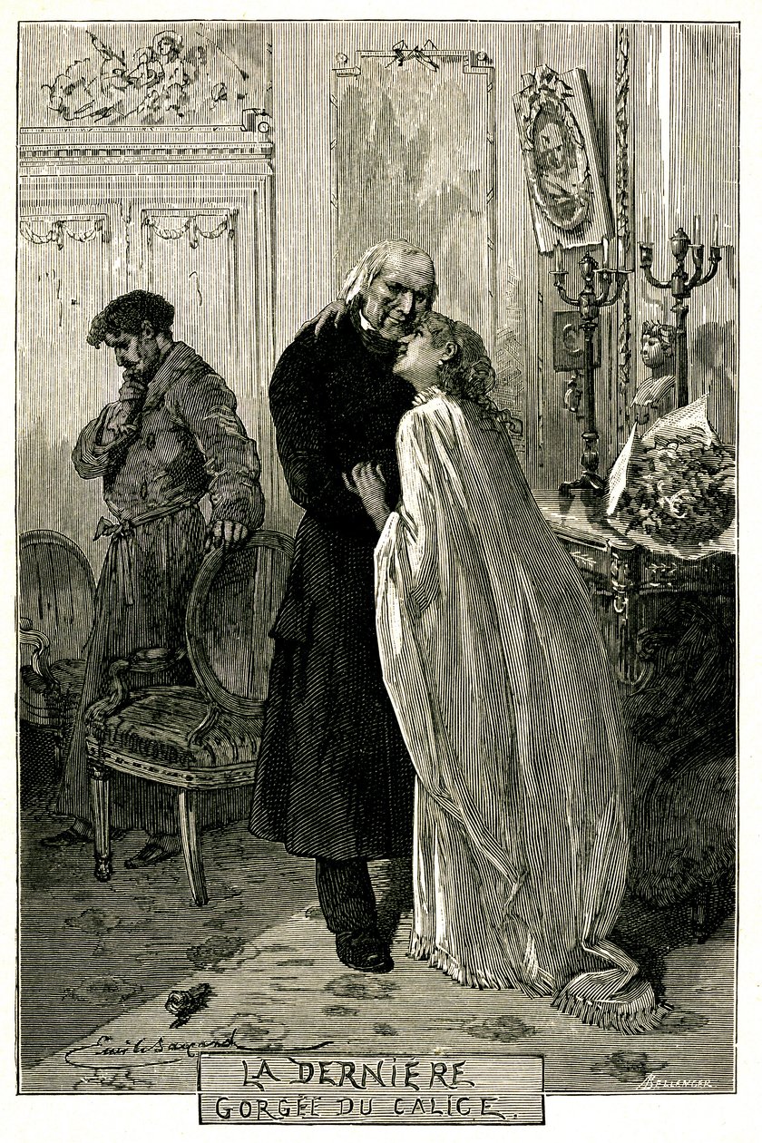 Victor Hugo “Los Miserables”, “La Última Gota del Cáliz”. Ilustración de Emile Bayard. El antiguo forzado Jean Valjean envejecido con Cosette y Marius. Grabado de la edición Ollendorff 1906 de Emile Antoine Bayard