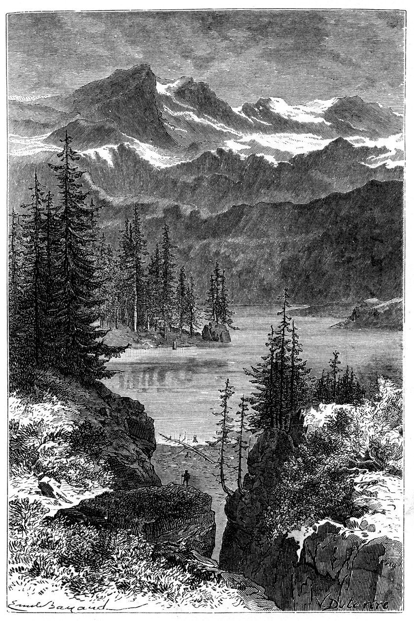 Vista de los Alpes: bosque, lago, picos. Ilustración de Emile Bayard para el libro Las Montañas de Albert Dupaigne, edición Mame 1881. de Emile Antoine Bayard
