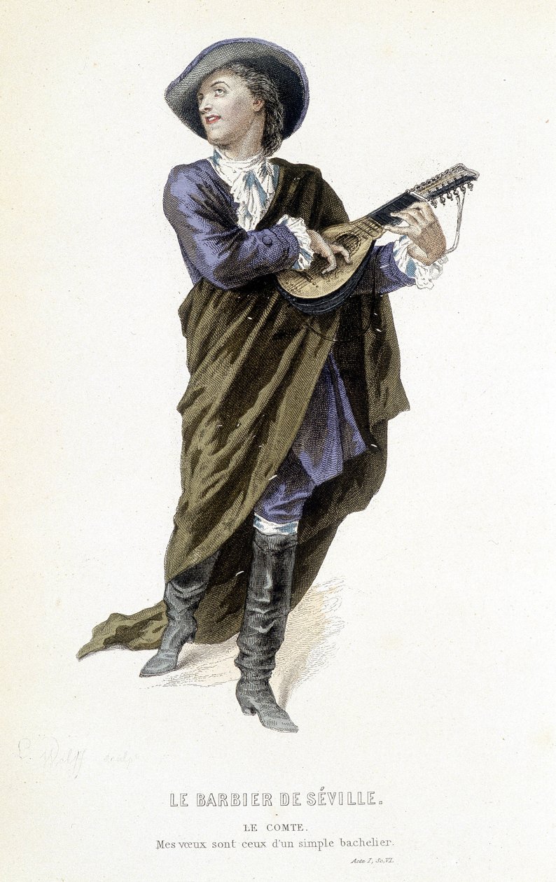 El Conde Almavira en "Le barbier de Seville" en "Oeuvres completes de Beaumarchais", ed. Laplace Sanchez & cie, París de Emile Antoine Bayard
