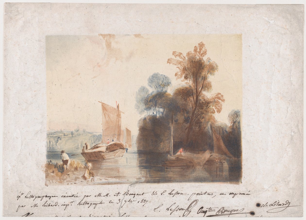 Paisaje con río y barcos de Emile Aubert Lessore