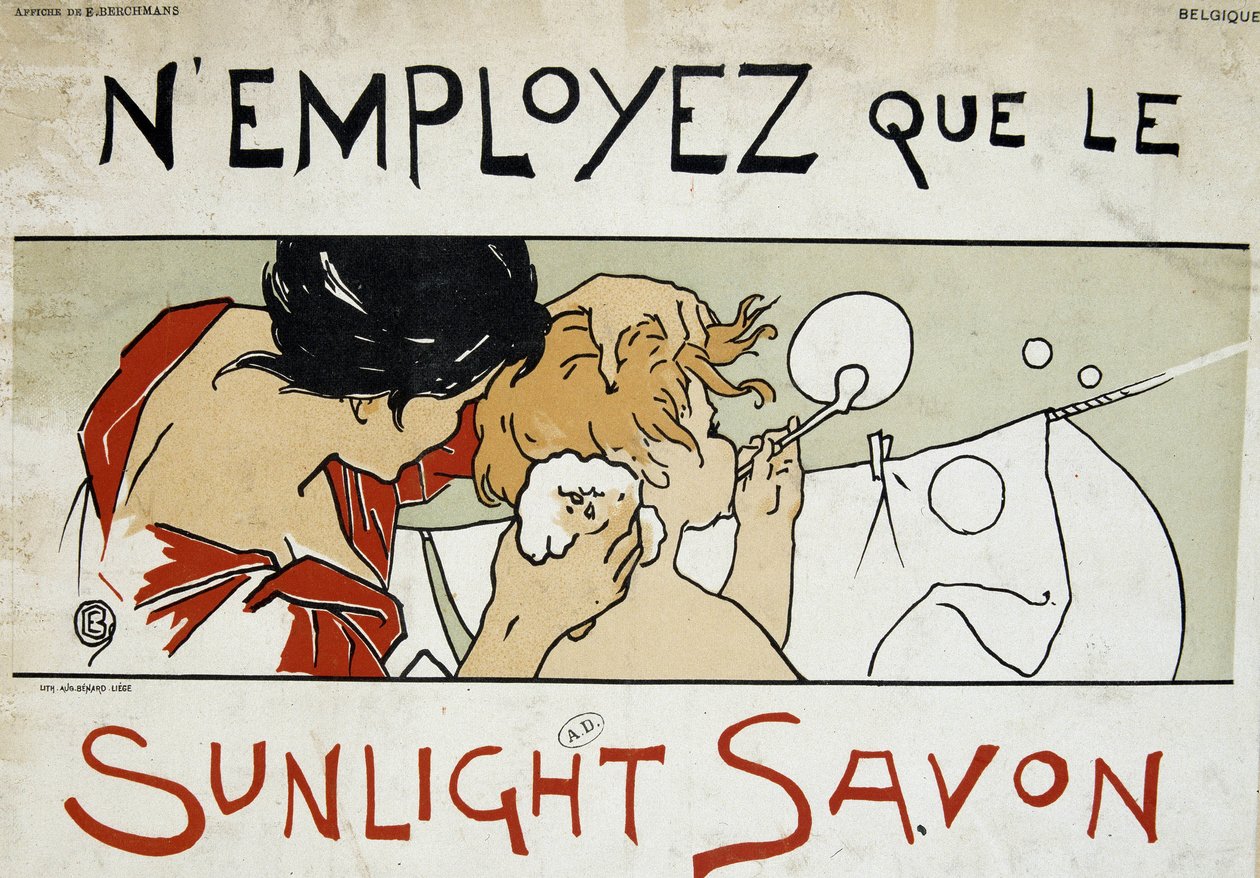 Usar sólo jabón Sunlight, Madre haciendo el aseo y la colada de su hijo ampliada - por Berchmans, finales del siglo XIX de Émile Berchmans