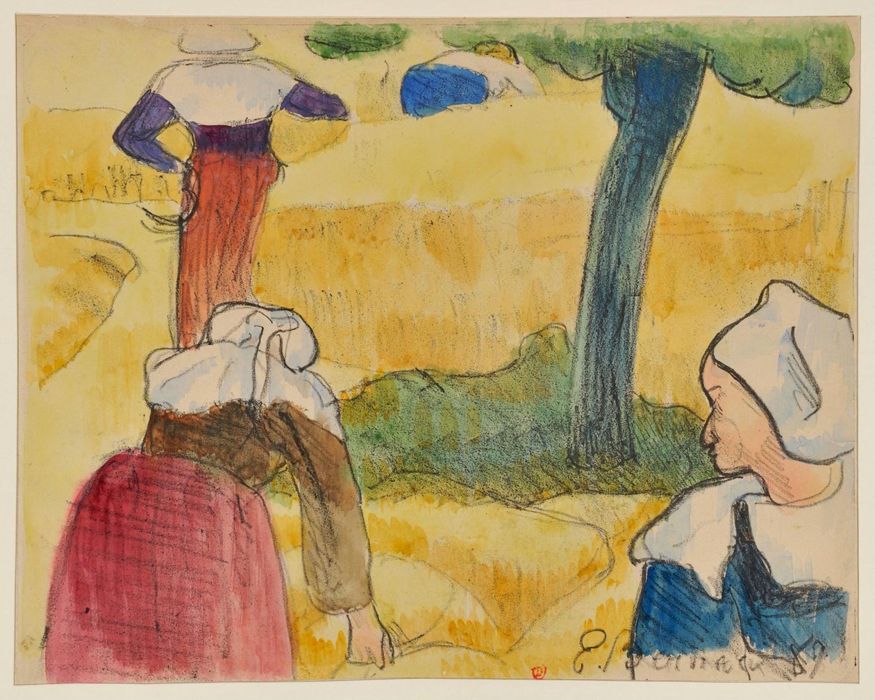 Mujeres cosechando - La adoración de los pastores - El segador [prueba A] de Emile Bernard