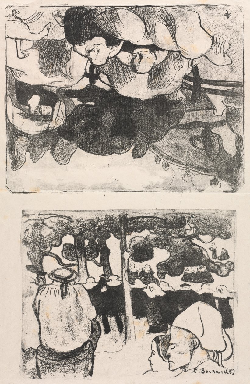 Les Bretonneries: Mujeres bretonas haciendo almiares (Bretonnes Faisant les Foins) y Boda en Bretaña (La Noce en Bretange) de Emile Bernard
