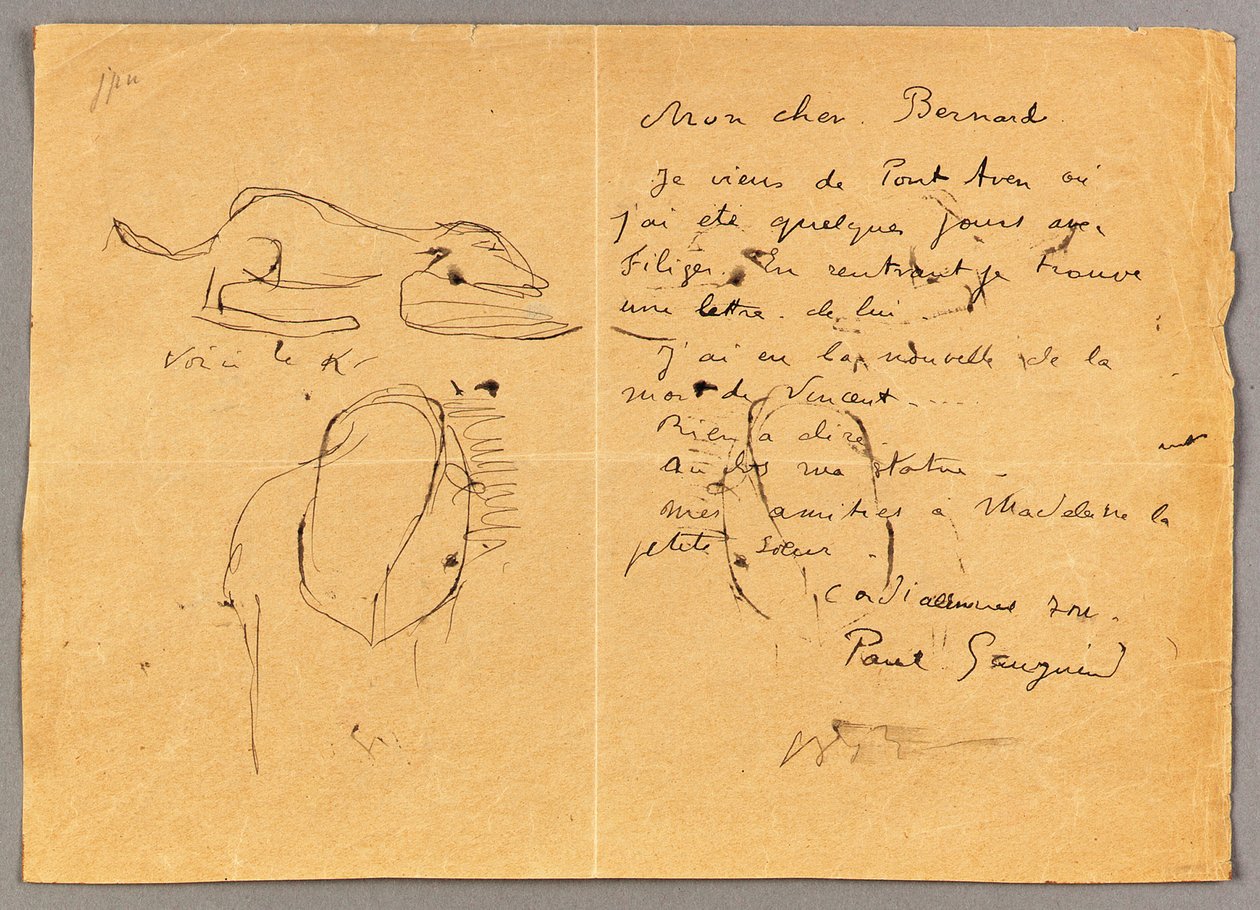 Carta a Emile Bernard con tres bocetos a tinta, anotando la muerte de "Vincent", Tahití, 1890s de Emile Bernard