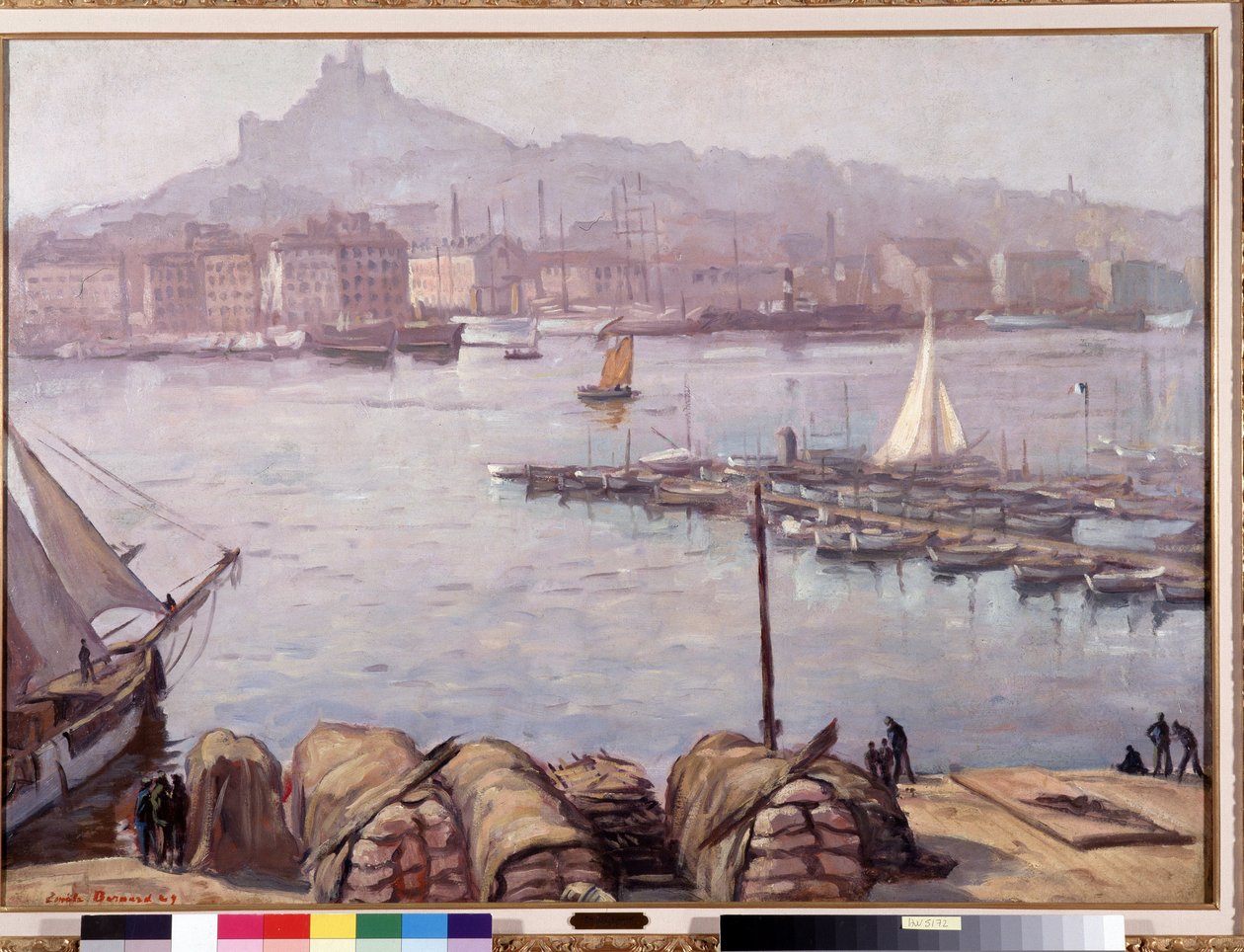 El viejo puerto de Marsella y Notre Dame de la Garde, también llamada la Buena Madre" Pintura de Emile Bernard (1868-1941) 1929 Dim. 77,5x107 cm Mención obligatoria: Colección Fundación Saludos de Provenza, Marsella de Emile Bernard