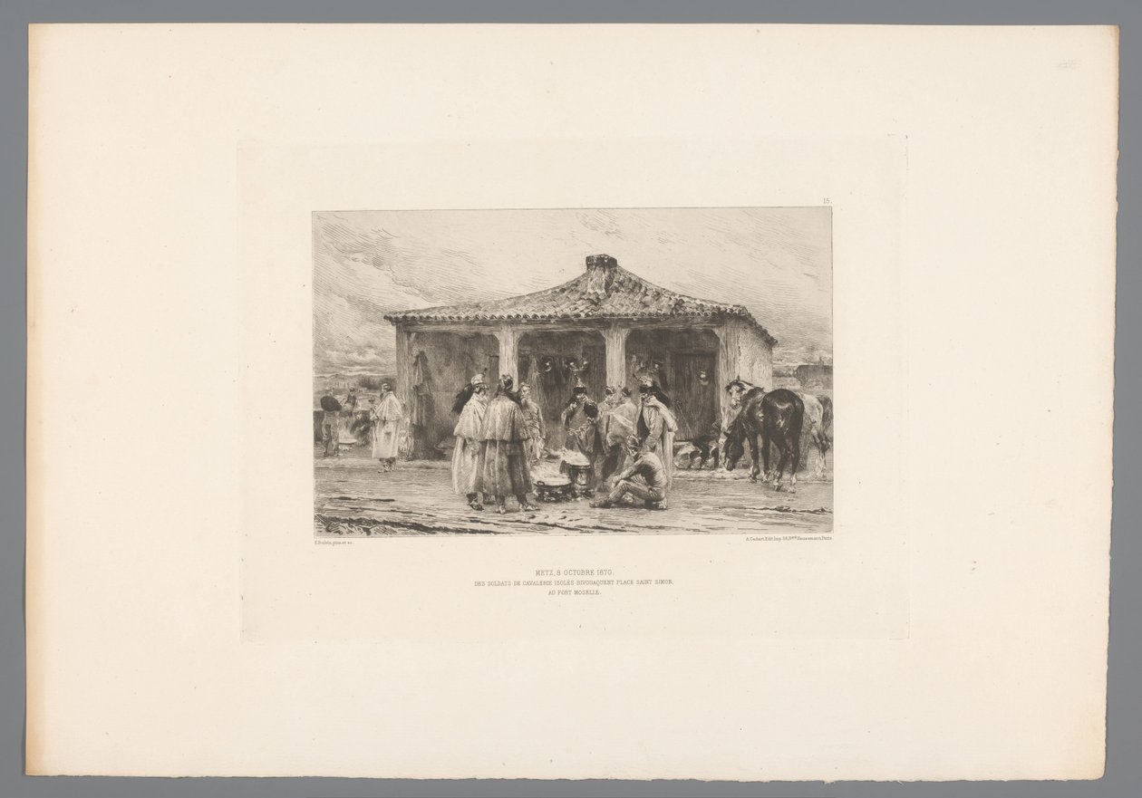 Grupo de soldados en un campamento
Metz 8 de octubre de 1870/ Soldados de caballería aislados vivaqueando en la plaza Saint Simon del Fuerte Moselle (título en el objeto)
Franse etsen uit 1875 (título de la serie)
Grabado en 1875 (título de la serie) de Emile Boilvin