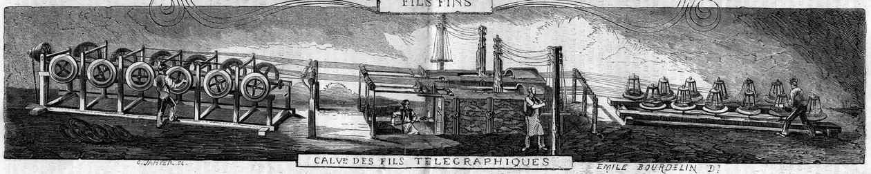 Galvanización de hierro y cables telegráficos en la fábrica de Grenelle por la compañía de forjas de Franco Condado. Grabado por Emile Bourdelin en 