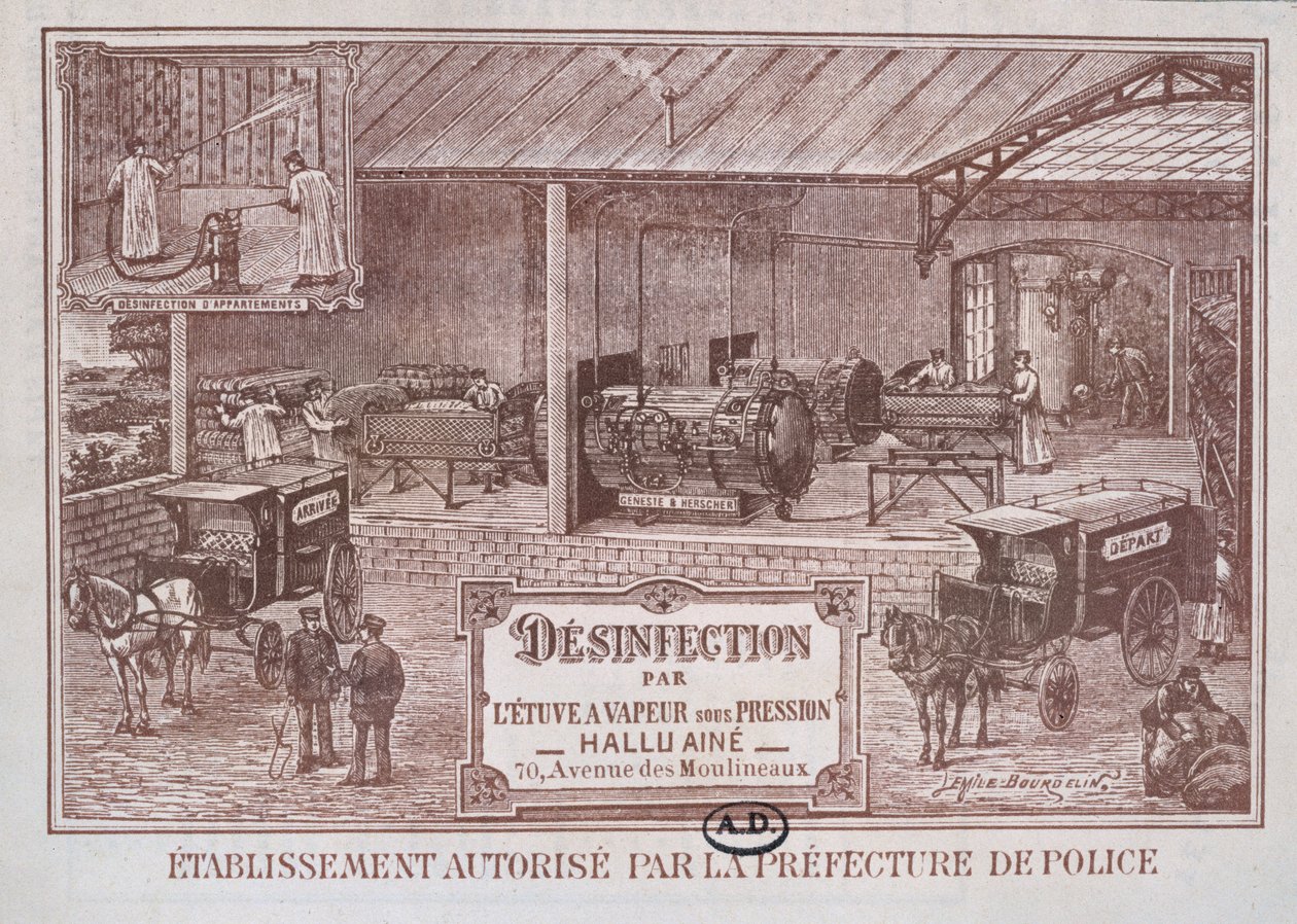 Póster publicitario de maquinaria para desinfección por vapor producida por Hallu Aine, finales del siglo XIX de Emile Bourdelin