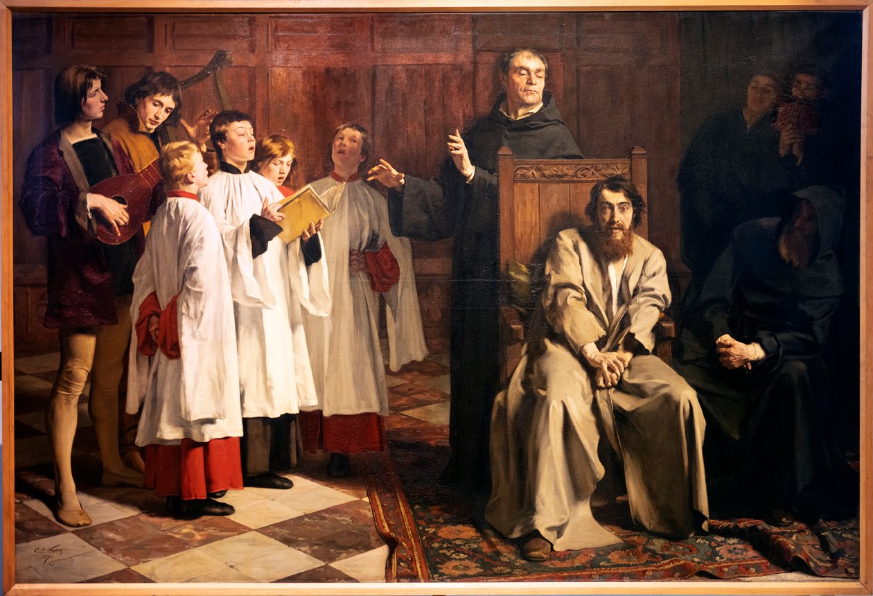 Emile Wauters. Hugo van der Goes en el Claustro Rojo. 1872. Óleo sobre lienzo. (óleo sobre lienzo) de Emile Charles Wauters