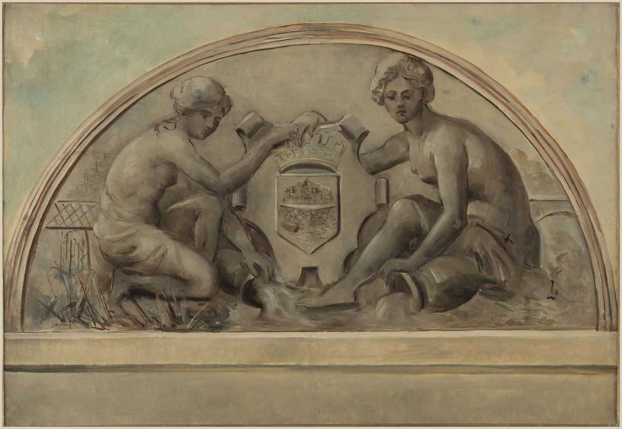 Boceto para el frontón del complejo escolar de Alfortville: El Sena y el Marne enmarcando el escudo de Alfortville, 1898 (óleo sobre lienzo). de Emile Delbos