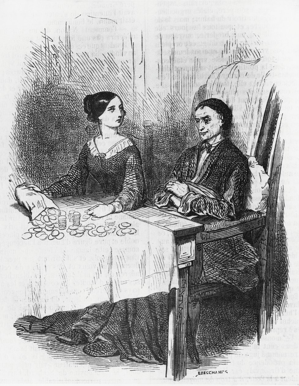 Ilustración de Eugenie Grandet, novela de Honore de Balzac (1799-1850) de la colección en varios volúmenes titulada Comedia humana, grabado de Emile Deschamps (1822-1893). de Emile Deschamps