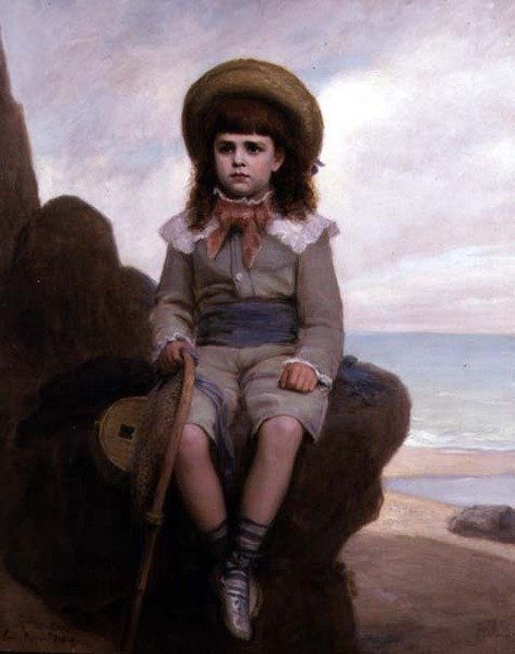 Niño en una roca con una red para camarones de Emile Dupont Zipcy