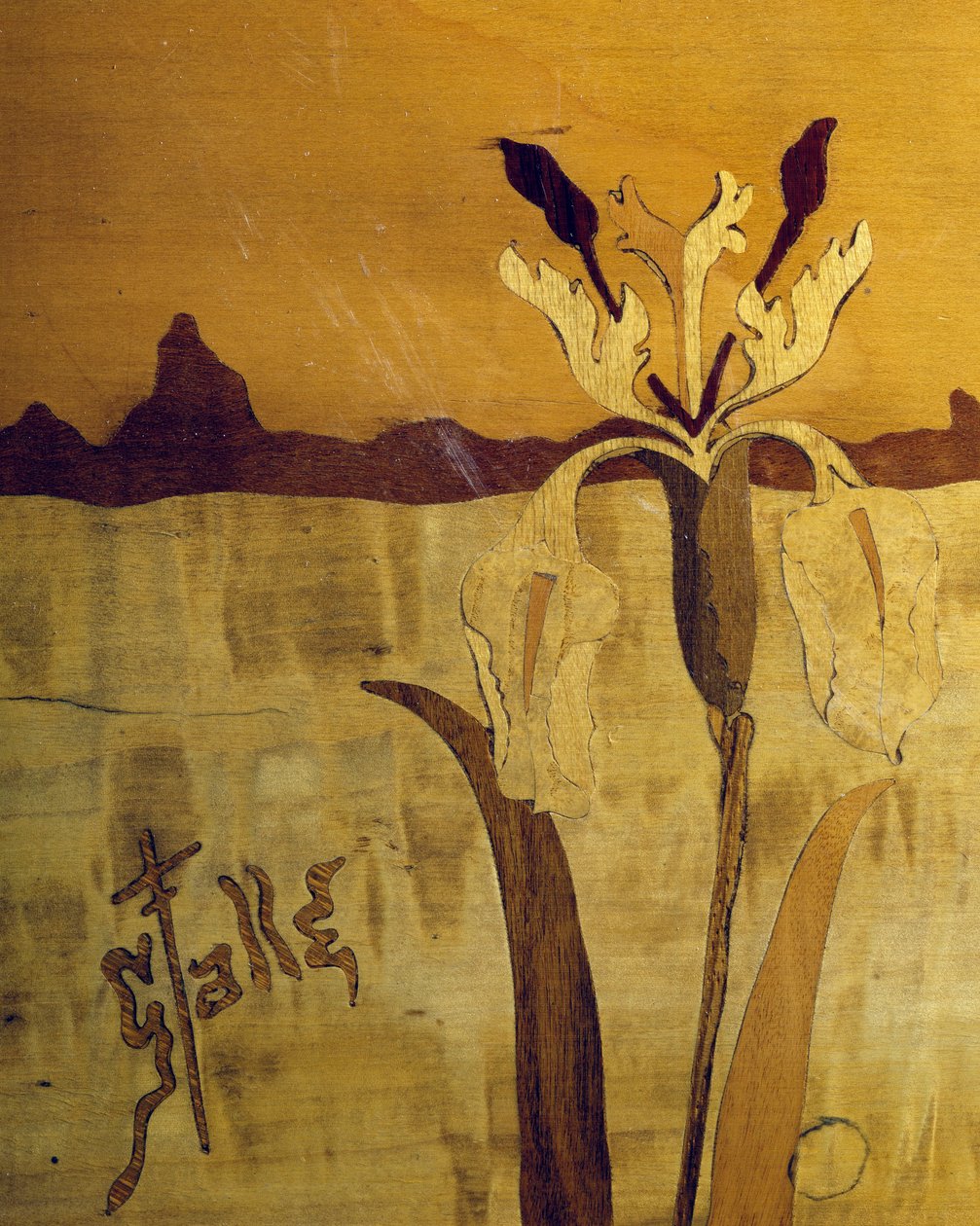 Mesa estilo Art Nouveau, por Emile Galle (1846-1904), nogal con acabado de chapa y varias maderas (detalle) de Emile Galle