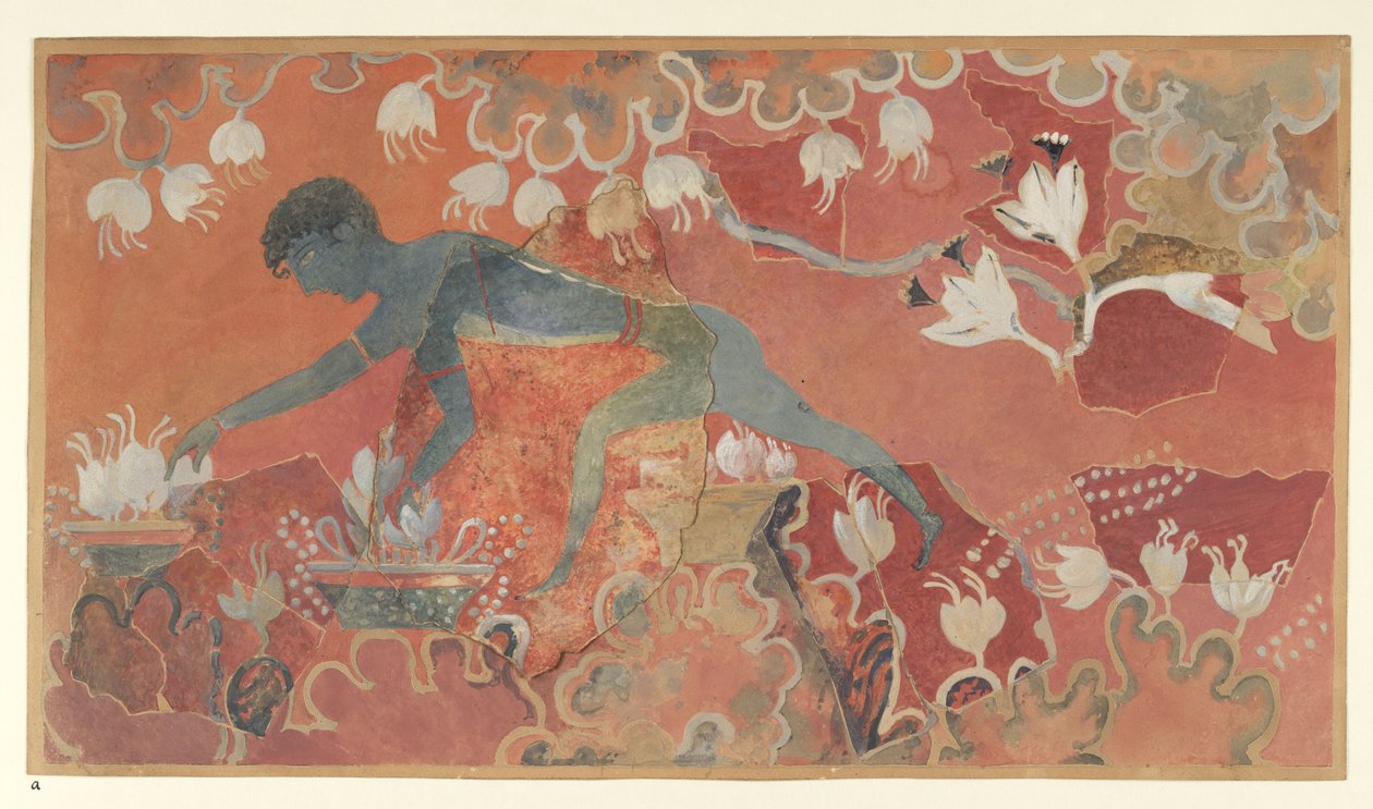 Pintura del fresco Recolector de azafrán del mono azul del palacio de Minos en Cnosos (Evans Fresco Drawing L/3 a)), hacia 1921 (papel, pigmento) de Emile Gilliéron