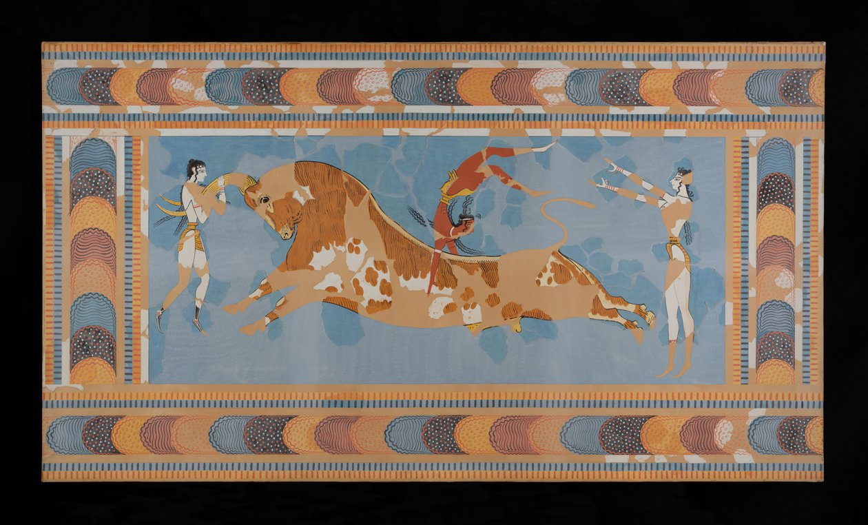 Pintura del fresco restaurado de Taureador del palacio de Minos en Cnosos (Evans Fresco Drawing N/4) de Emile Gilliéron