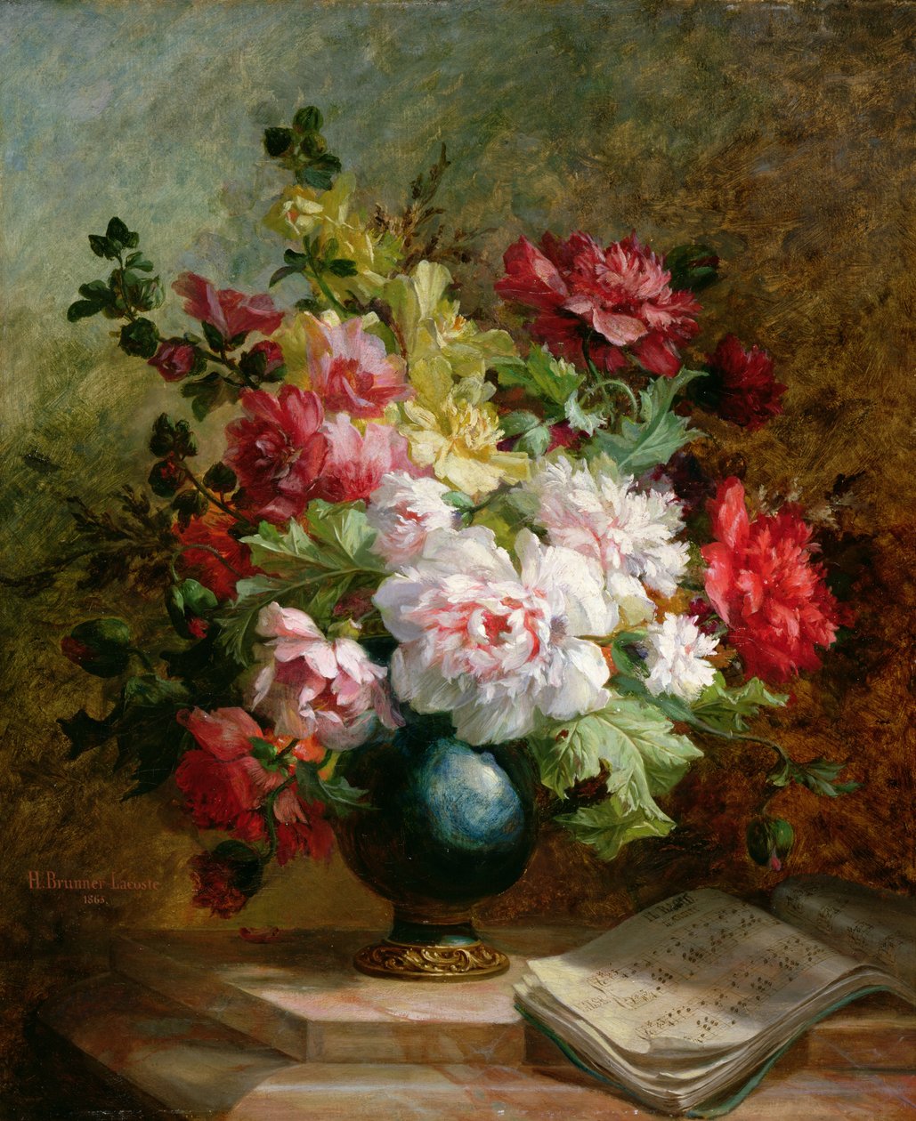 Naturaleza muerta con flores y partitura de Emile Henri Brunner Lacoste