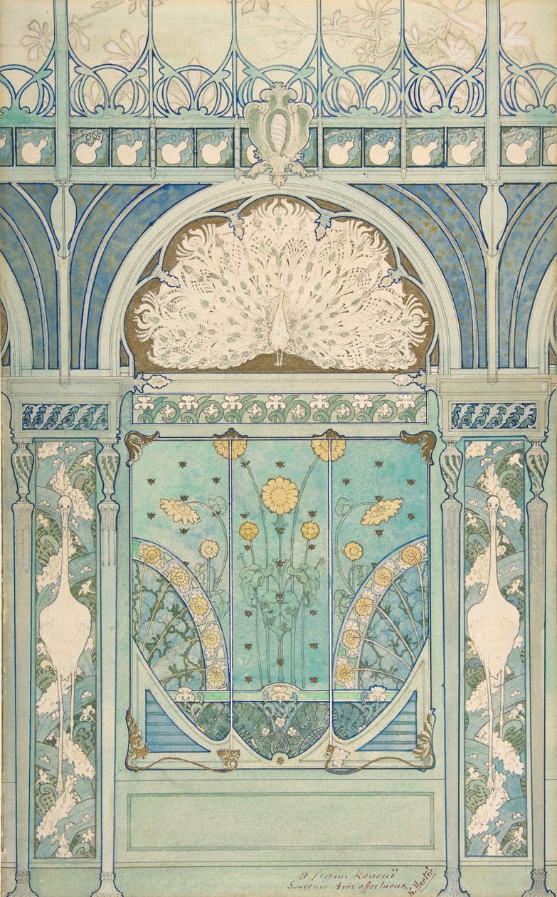 Diseño para una decoración mural con pavo real, grullas y girasoles para el restaurante de Emile Hurtré