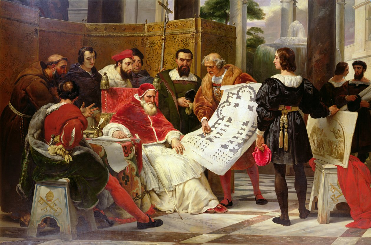 El Papa Julio II ordenando a Bramante, Miguel Ángel y Rafael construir el Vaticano y San Pedro, 1827 (detalle) de Emile Jean Horace Vernet