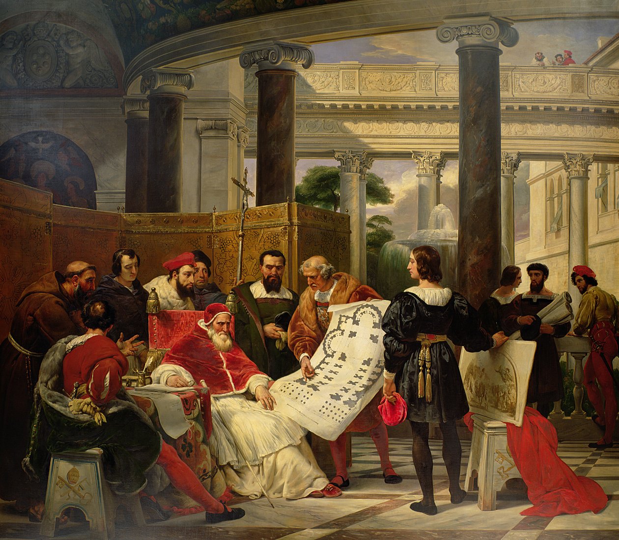 El Papa Julio II ordenando a Bramante, Miguel Ángel y Rafael construir el Vaticano y San Pedro, 1827 de Emile Jean Horace Vernet