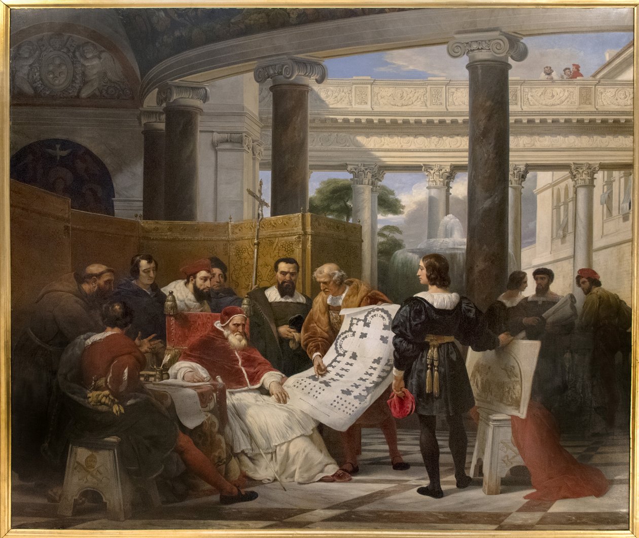 El Papa Julio II ordenando el trabajo del Vaticano y San Pedro en Bramante, Miguel Ángel y Rafael de Emile Jean Horace Vernet