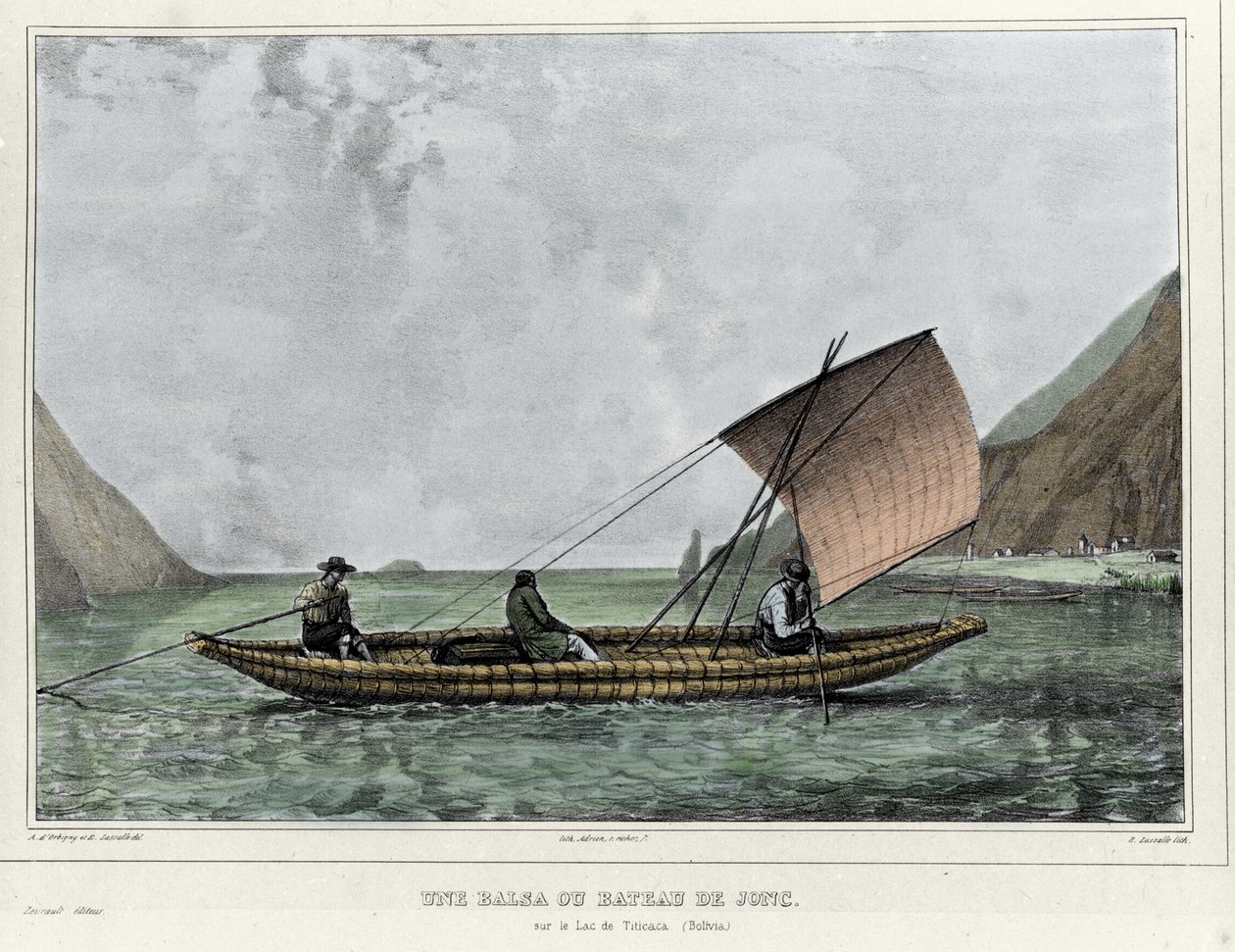 Una balsa o un bote de juncos en el lago Titicaca (Bolivia). Litografía de Emile Lassalle (1813-1871) - en 