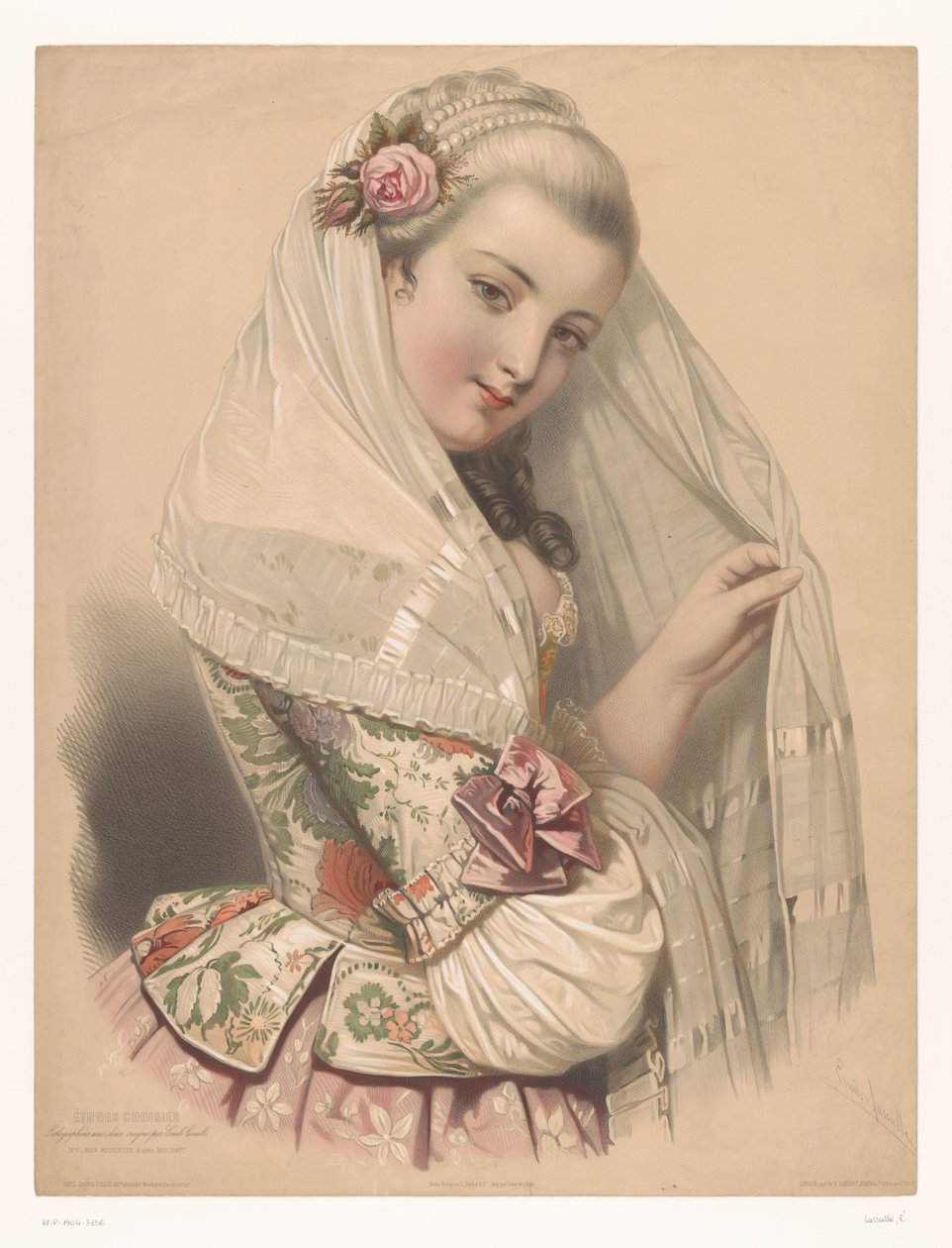 Mujer joven velada con una rosa en su cabello Mousseuse de rosas (título sobre el objeto) Estudios de artistas seleccionados (título de la serie) Etudes choisies (título de la serie sobre el objeto) de Emile Lassalle
