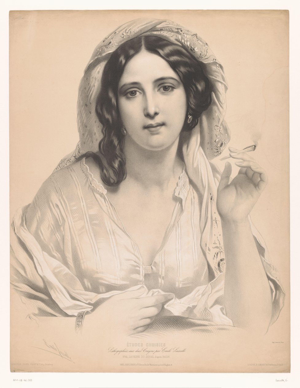 Mujer joven velada con un cigarrillo en la mano La reine du sérail (título sobre objeto) Estudios de artistas seleccionados (título de la serie) Etudes choisies (título de la serie sobre el objeto) de Emile Lassalle