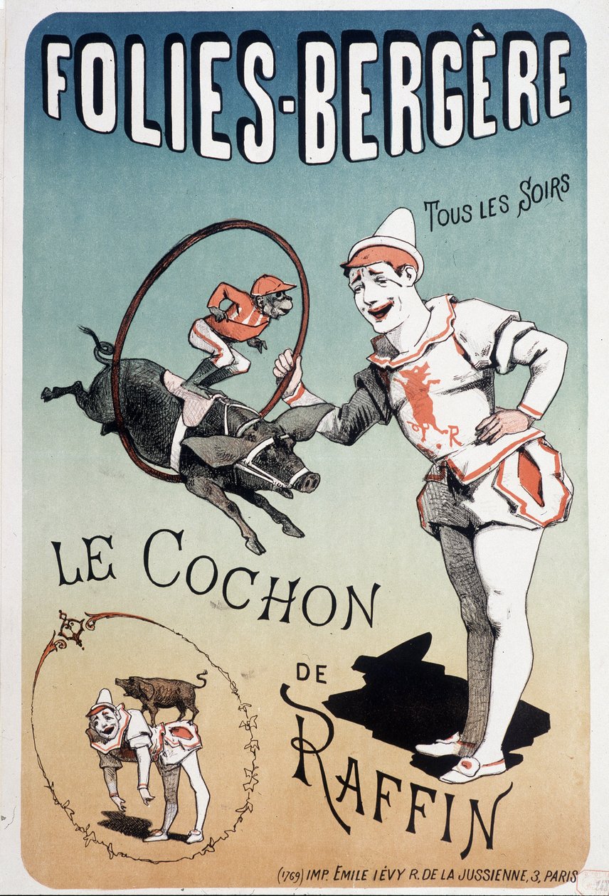 Espectáculo: el cerdo de Raffin, en el Folies-Bergère - Póster de Lévy, finales del siglo XIX. de Emile Levy