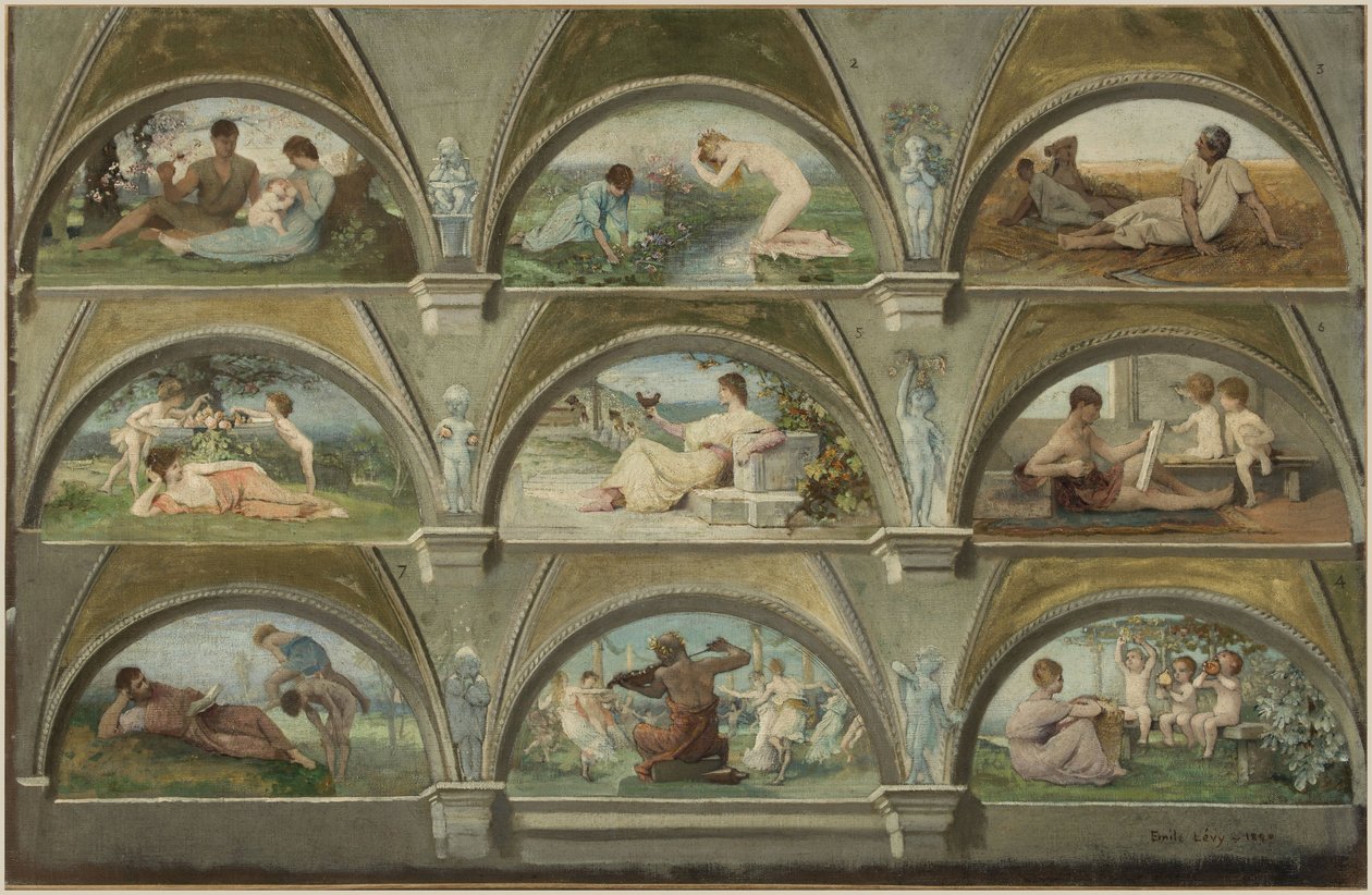 Boceto para el salón de las caricaturas del Hôtel de Ville de París: escenas alegóricas de la vida cotidiana (voussures) de Emile Levy