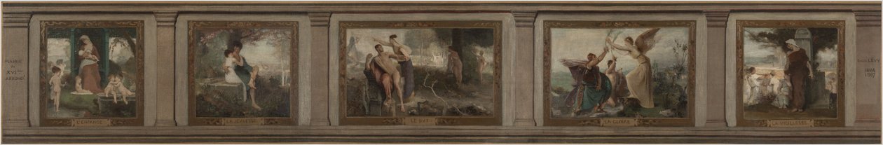 Boceto para el ayuntamiento del distrito 16 de París (salón en hemiciclo): Infancia, juventud, propósito, gloria, vejez: Las edades de la vida, en 1884 (óleo sobre lienzo) de Emile Levy
