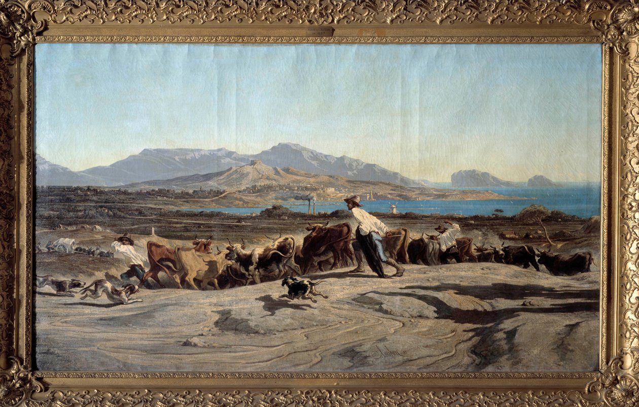 Vista de Marsella tomada desde Aygalades, un paseo diurno. En primer plano, jóvenes pastores con el rebaño. Pintura de Emile Loubon (1809-1863) 1853 Marsella. Museo de Bellas Artes de Emile Loubon