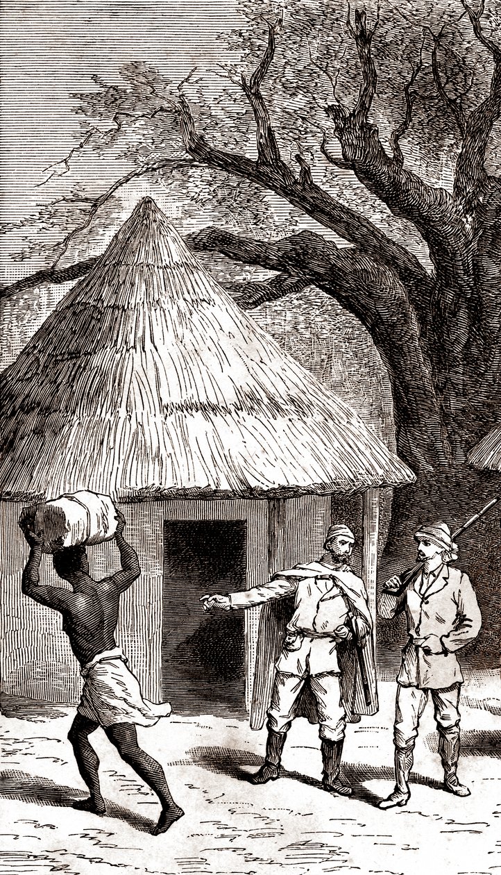 Exploradores y porteadores delante de una cabaña africana,1887 (