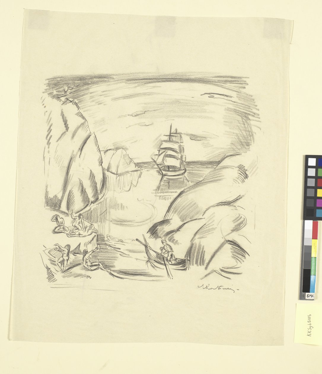 Una bahía con barco de vela y mujeres bañándose de Emile Othon Friesz