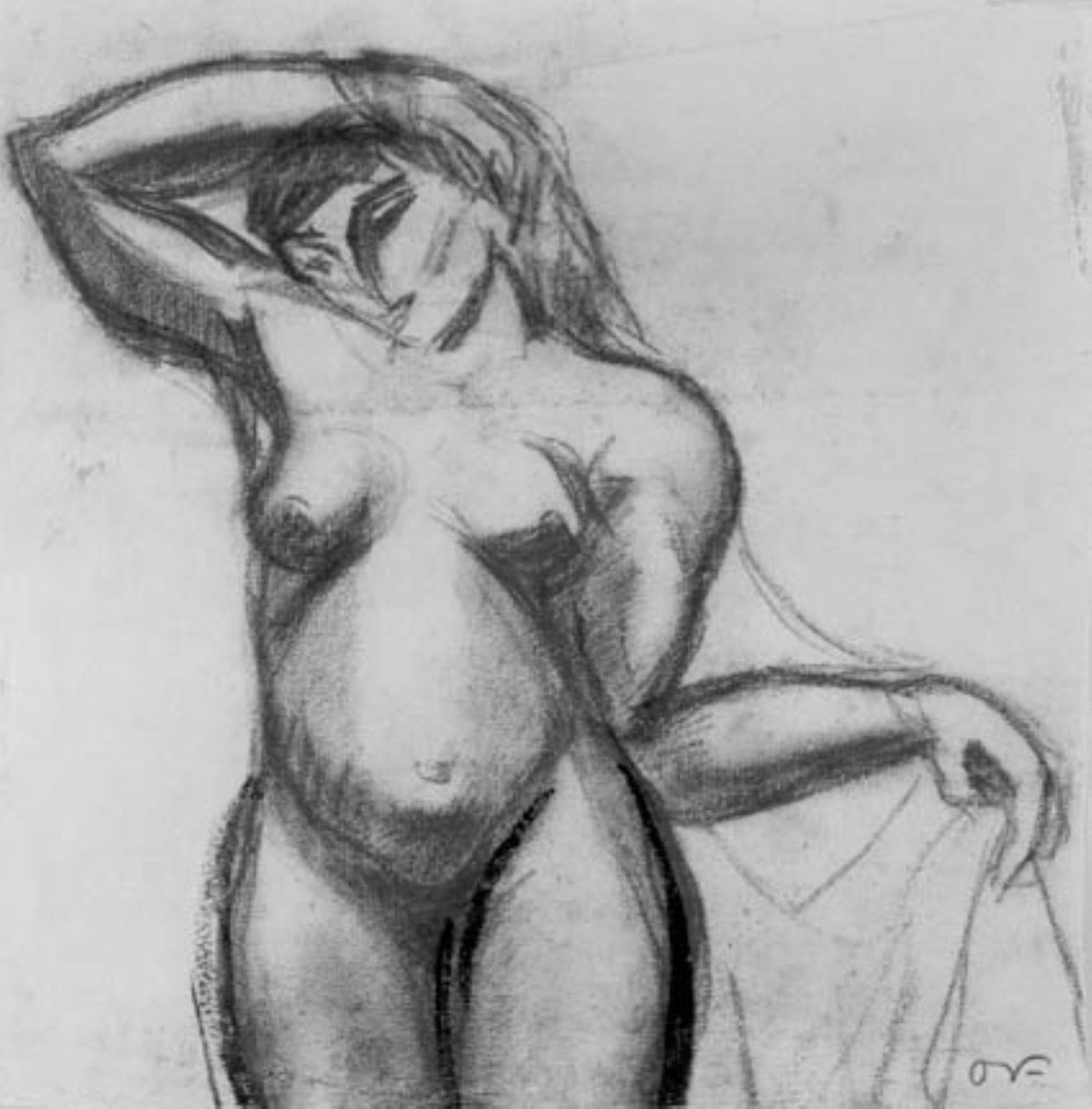 Estudio de figura. Mujer de pie de frente con un drapeado de Emile Othon Friesz