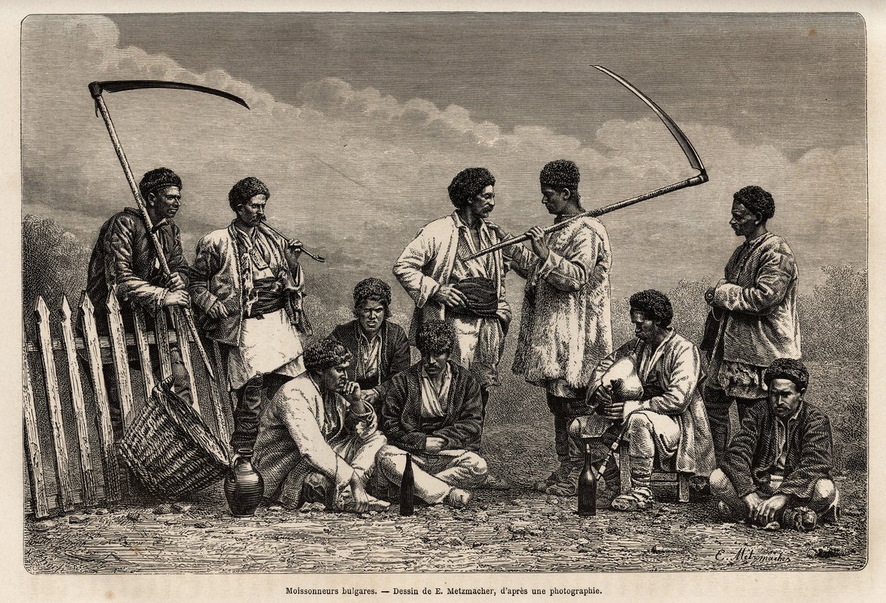 Los cosechadores búlgaros durante su descanso. Grabado después del dibujo de E. Metzmacher, ilustrando el viaje a Bulgaria, por Guillaume Lejean, en 18 de Emile Pierre Metzmacher