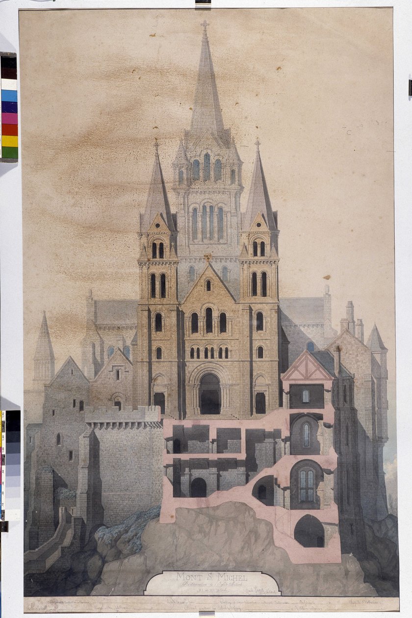 Arquitectura gótica: fachada de la iglesia y corte de las casas abaciales. Dibujo del Museo Municipal de Avranches (Manche) de Emile Sagot