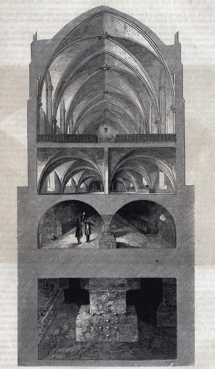 Sección transversal del liceo Napoleón en París (hoy, Liceo Henri IV). De arriba a abajo: el refectorio, la cocina, las bodegas, las catacumbas. Grabado por Therond. En "Le Magasin Picturesque" de Emile Theodore Therond