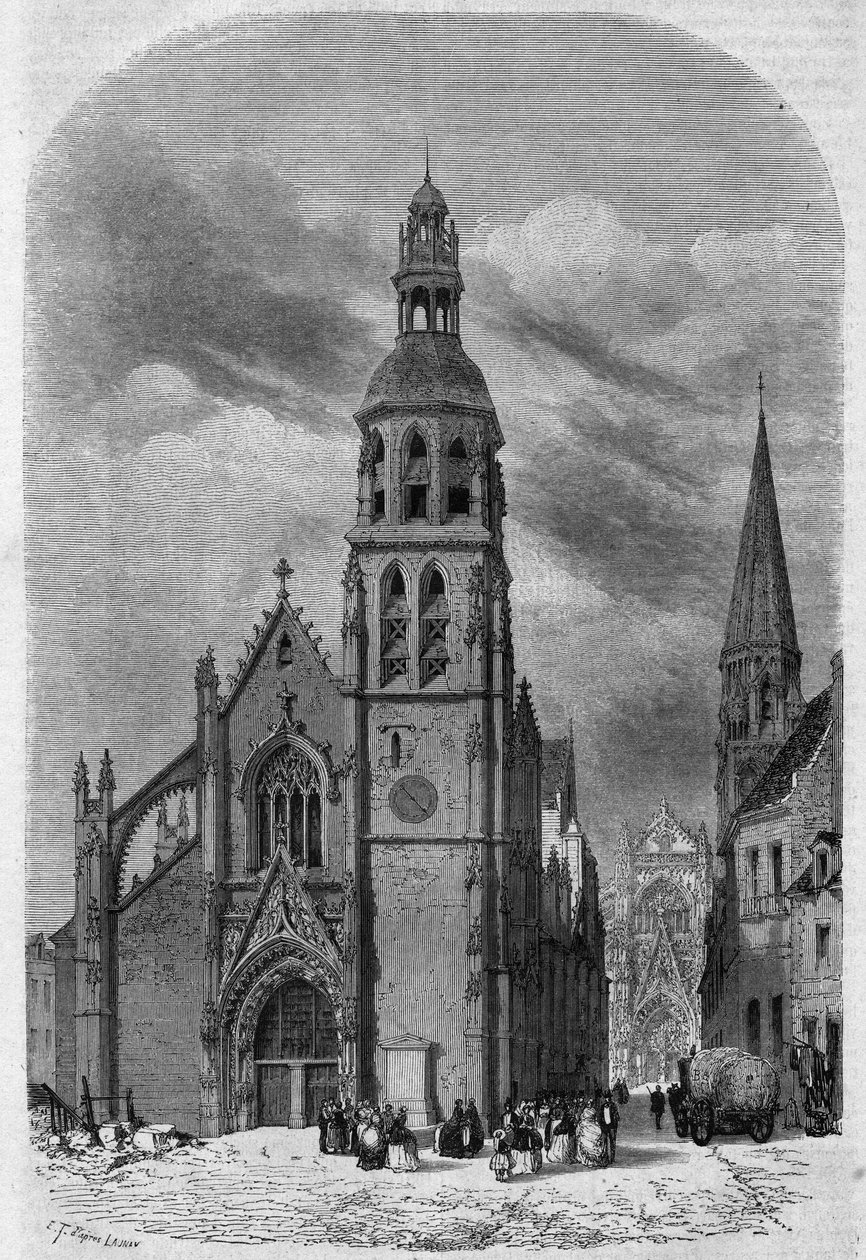 Vista exterior de la iglesia de San Martín (siglos XV-XVI) de Vendôme, Loir y Cher (41), antes de su demolición en 1857. Grabado por Therond en "Le Magasin Picturesque" de Emile Theodore Therond