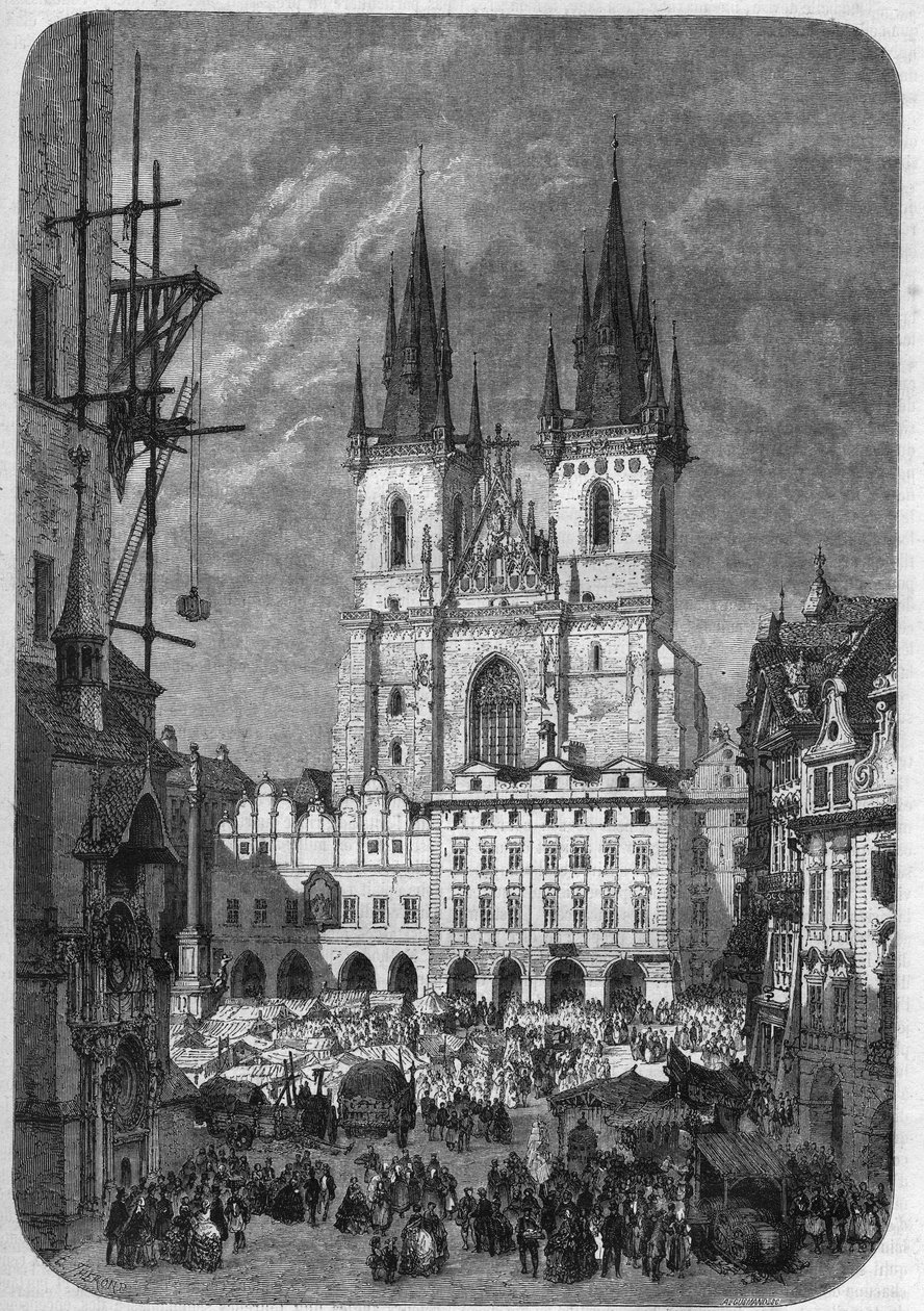Arquitectura gótica: vista exterior de la Iglesia de Nuestra Señora de Týn (Teynkirche) en Praga. Su construcción duró desde mediados del siglo XIV hasta el siglo XVI. Grabado por Therond en 