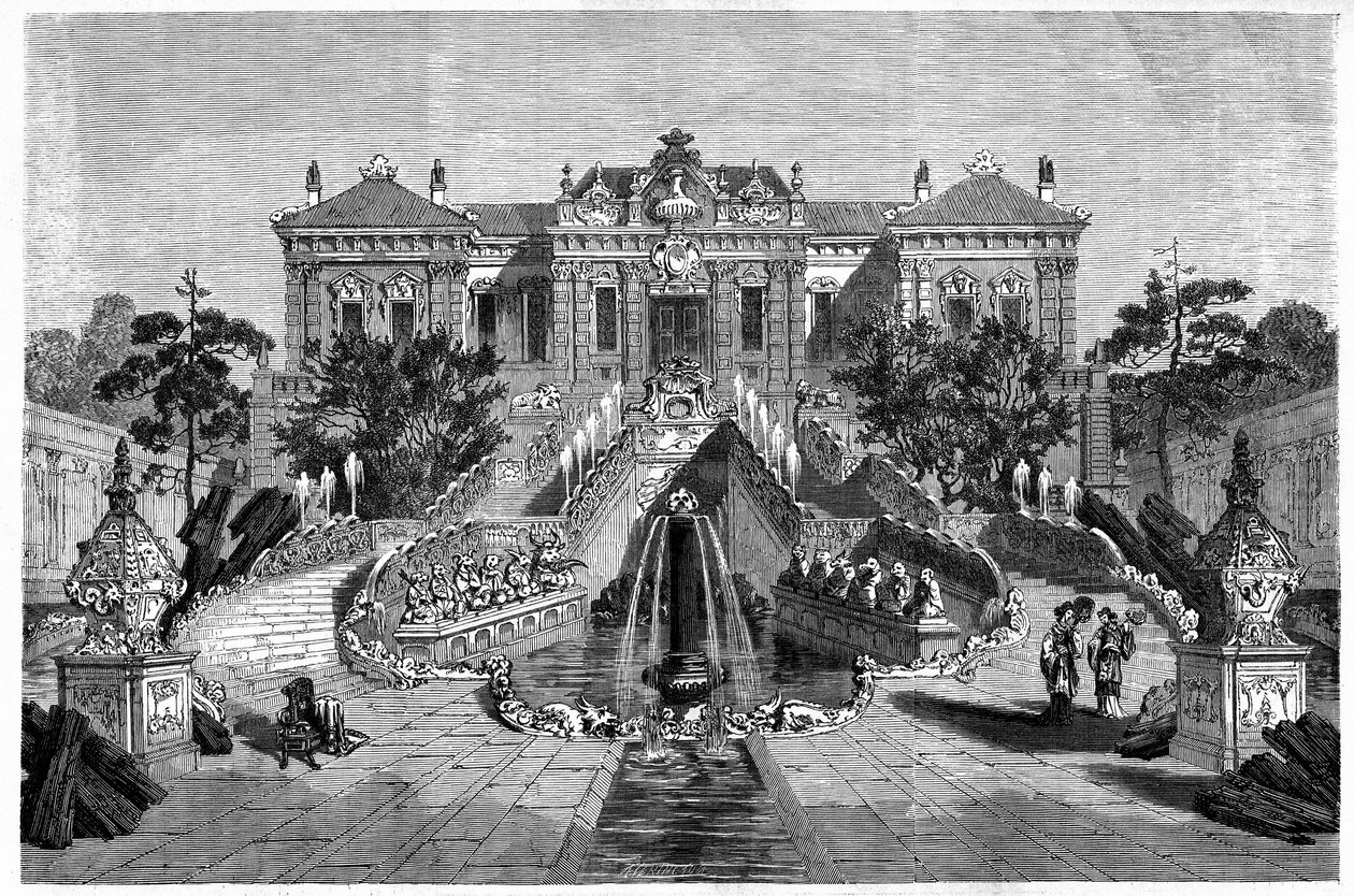 El Pabellón Haiyan Tang tiene arquitectura occidental en el Palacio de Verano en Pekín (Beijing). Grabado después de un dibujo de Therond, en “Le Tour du Monde, Nouveau journal des Voyages”, editado por Edouard Charton, París de Emile Theodore Therond