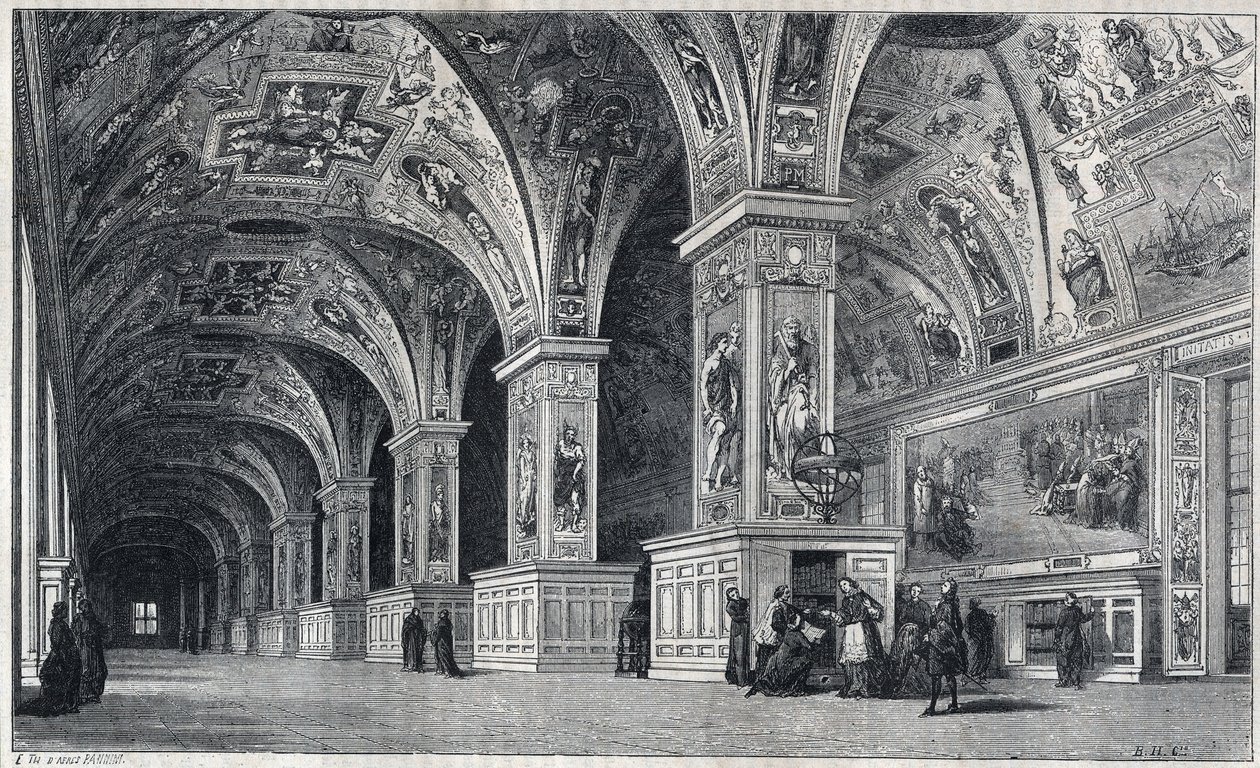 Vista interna de la biblioteca del Vaticano en el siglo XVIII. Grabado por Therond a partir de un dibujo de François Pannini de Emile Theodore Therond