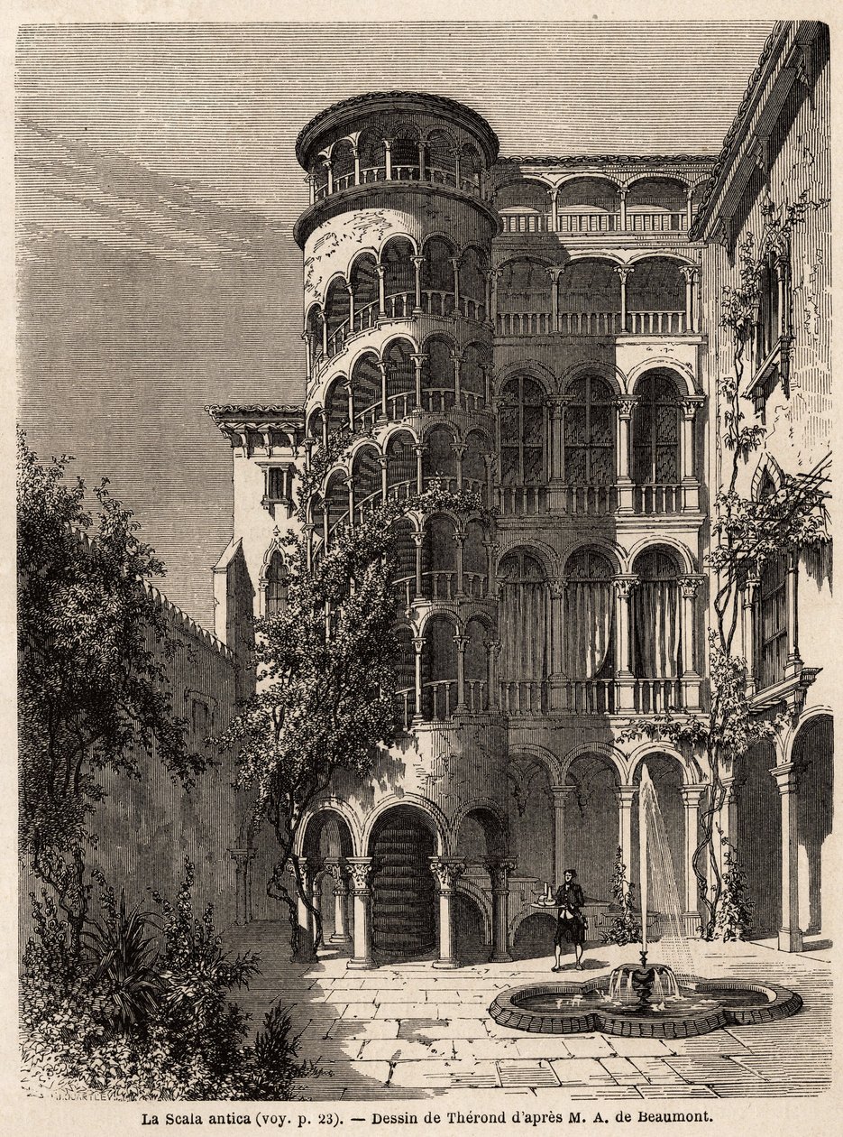 La Scala Antica, dibujo de Therond, para ilustrar el viaje de Adalbert de Beaumont a Venecia, alrededor de 1850. Grabado en 