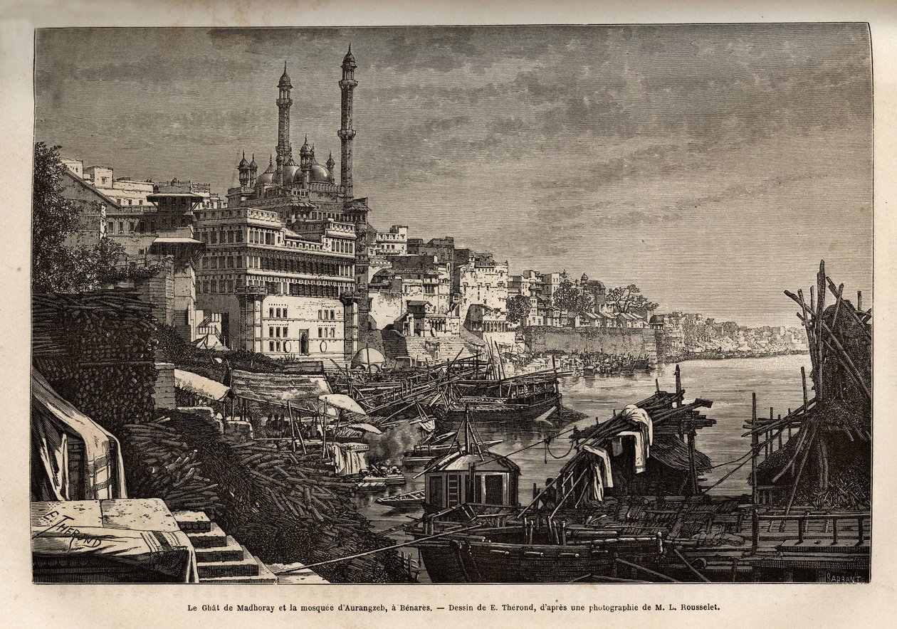 El ghat de Madhoray (escalones que cubren las orillas de un río que permiten descender en contacto con el agua) y la mezquita de Aurangzeb en Benarés, grabado según el dibujo de E. Therond, ilustrando el viaje a la India de los Rajás, en 1864-1868, por Lou de Emile Theodore Therond
