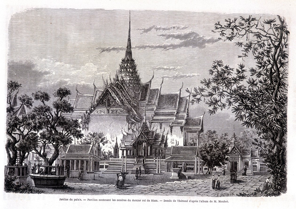 Jardín del palacio. Pabellón que contiene las cenizas del último rey de Siam. Dibujo de Thérond del álbum de M. Mouhot. 