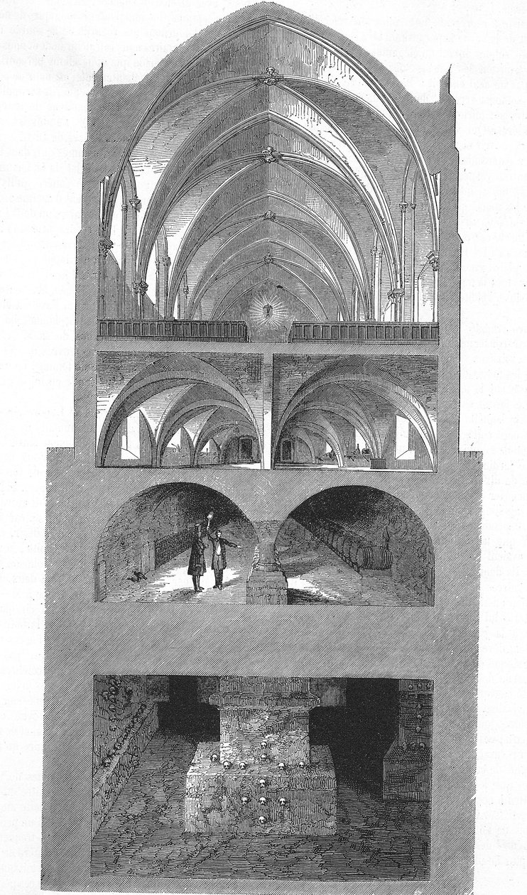 Vista en sección de la cocina, bodegas y catacumbas de la escuela secundaria Napoleón en París de Emile Theodore Therond